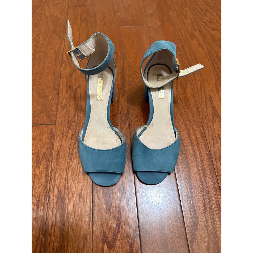 Louise et Cie Karisa Teal Blue Suede Block Heel Ankle Strap Sandals 6.5M 36.5